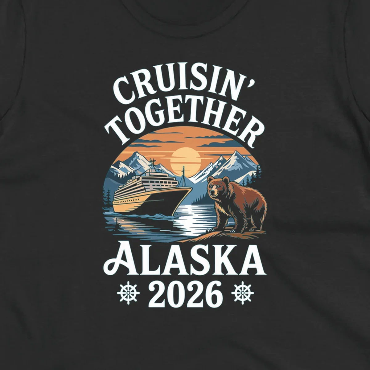 A scenic illustration for a cruisin-together-alaska-2026 trip, showing a cruise ship, mountains, a sun, and a bear.
