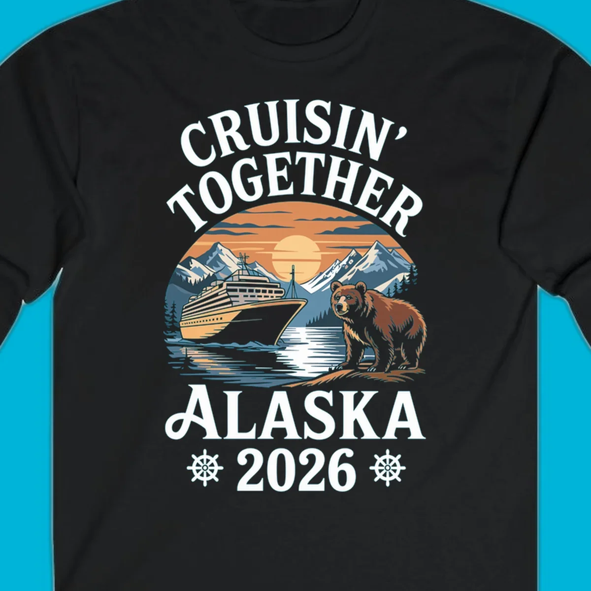 A scenic illustration for a cruisin-together-alaska-2026 trip, showing a cruise ship, mountains, a sun, and a bear.