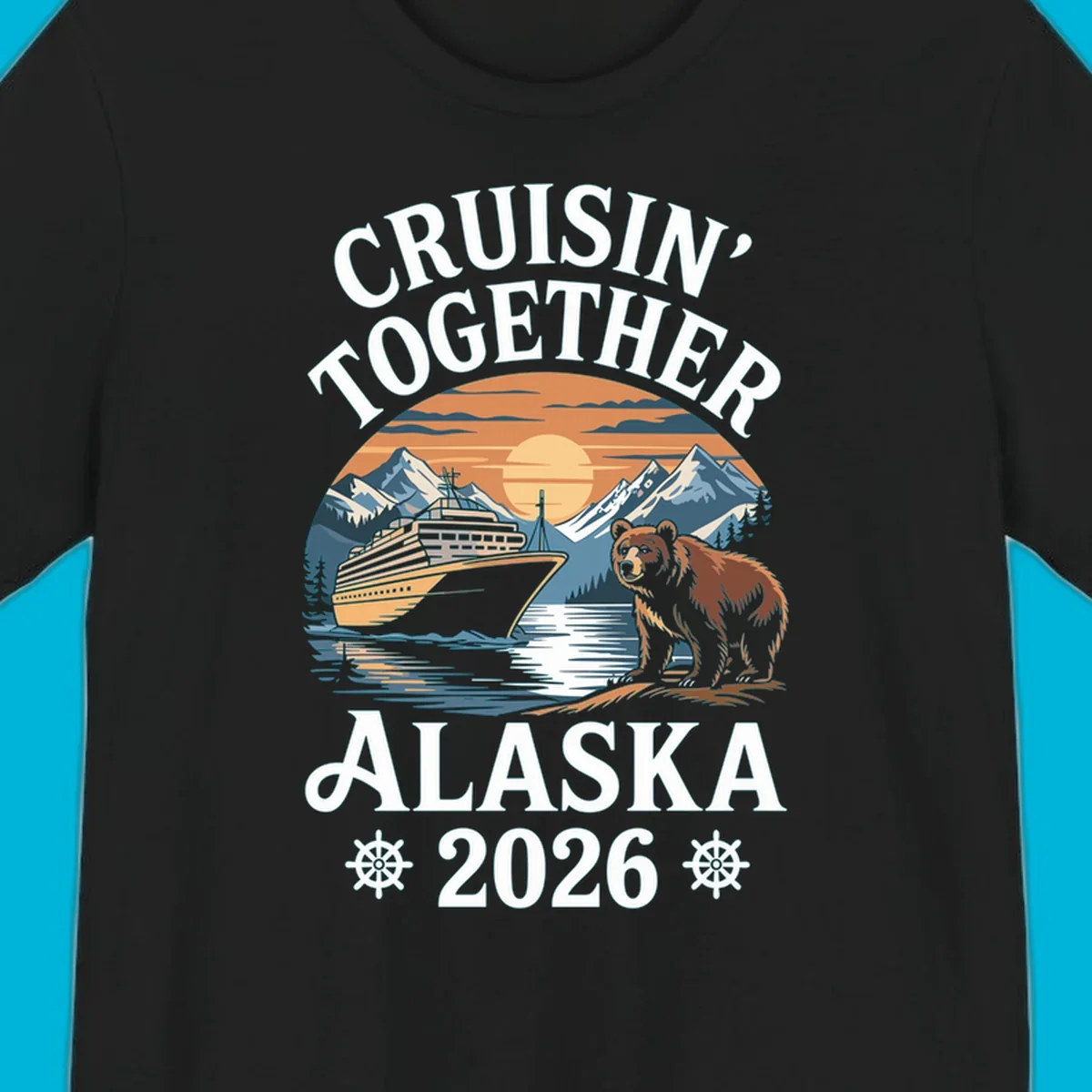 A scenic illustration for a cruisin-together-alaska-2026 trip, showing a cruise ship, mountains, a sun, and a bear.