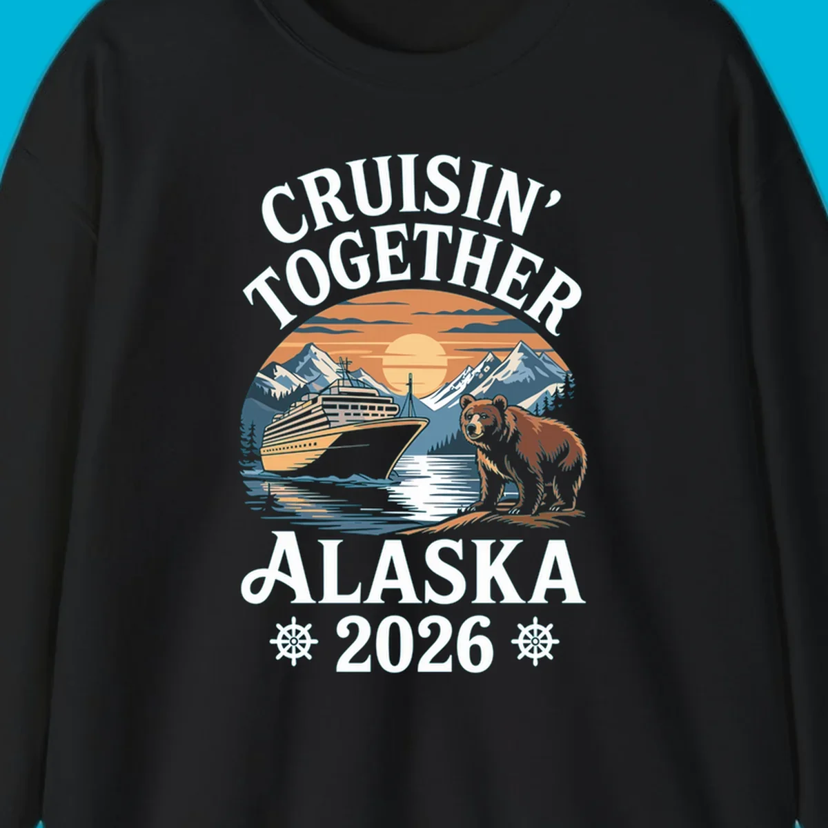 A scenic illustration for a cruisin-together-alaska-2026 trip, showing a cruise ship, mountains, a sun, and a bear.