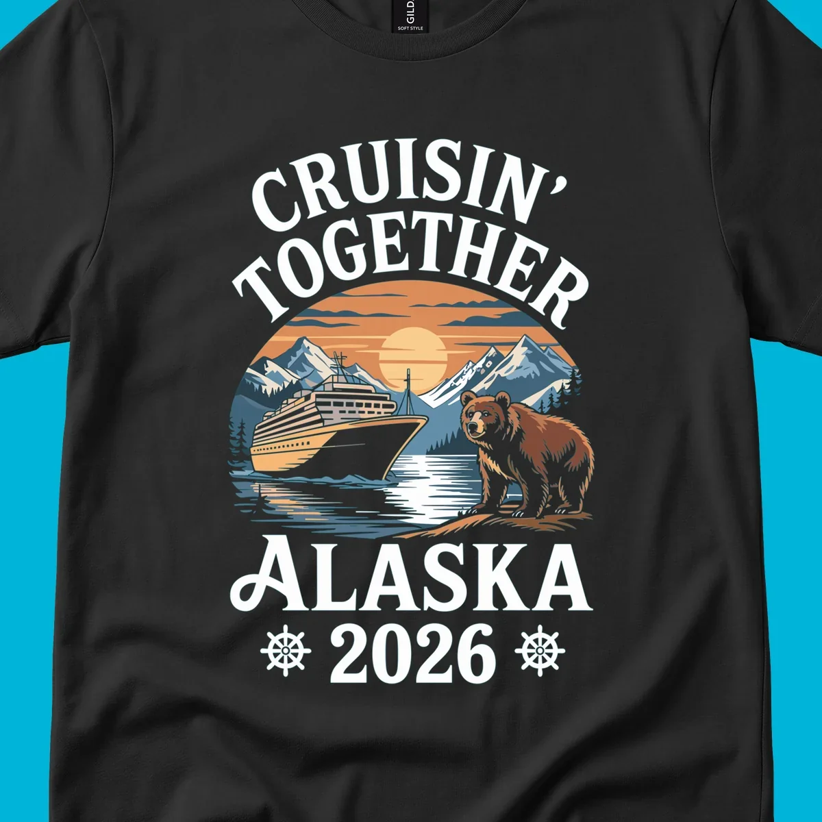 A scenic illustration for a cruisin-together-alaska-2026 trip, showing a cruise ship, mountains, a sun, and a bear.
