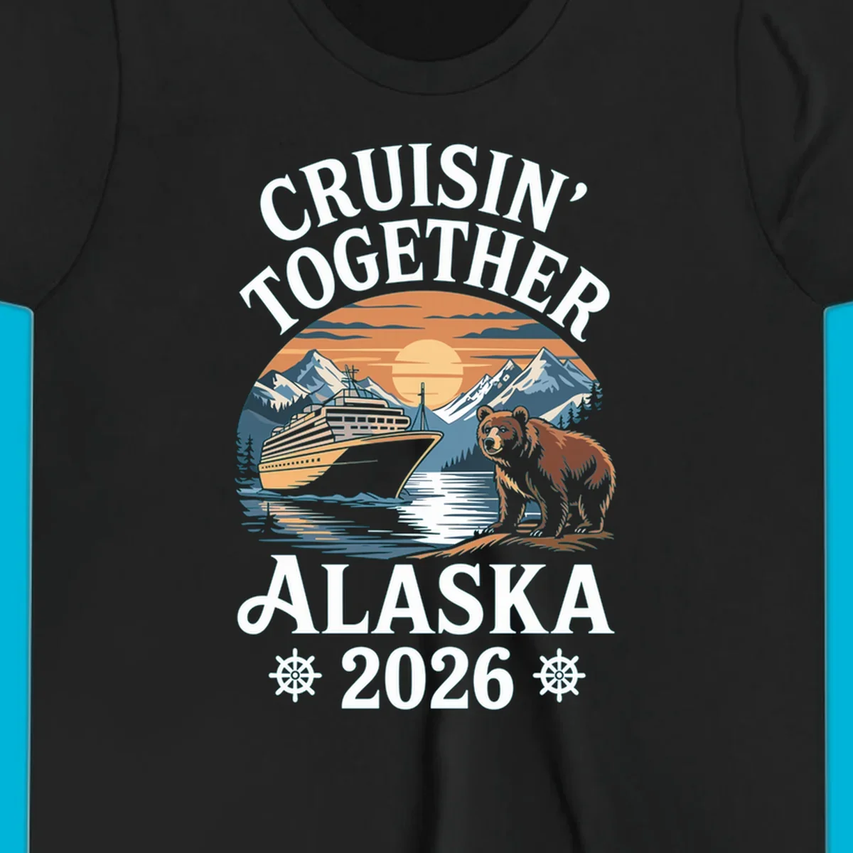 A scenic illustration for a cruisin-together-alaska-2026 trip, showing a cruise ship, mountains, a sun, and a bear.