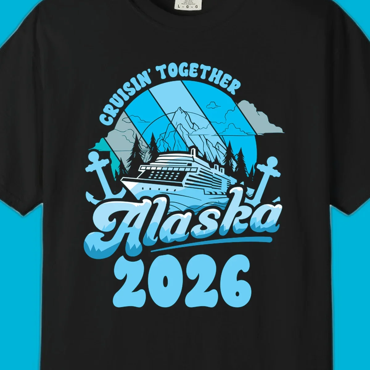 An illustrated design for an Alaska cruise in 2026, featuring a ship, mountains, trees, and anchors.