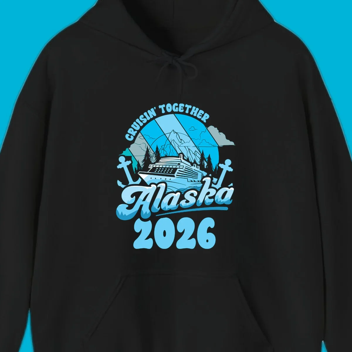 An illustrated design for an Alaska cruise in 2026, featuring a ship, mountains, trees, and anchors.