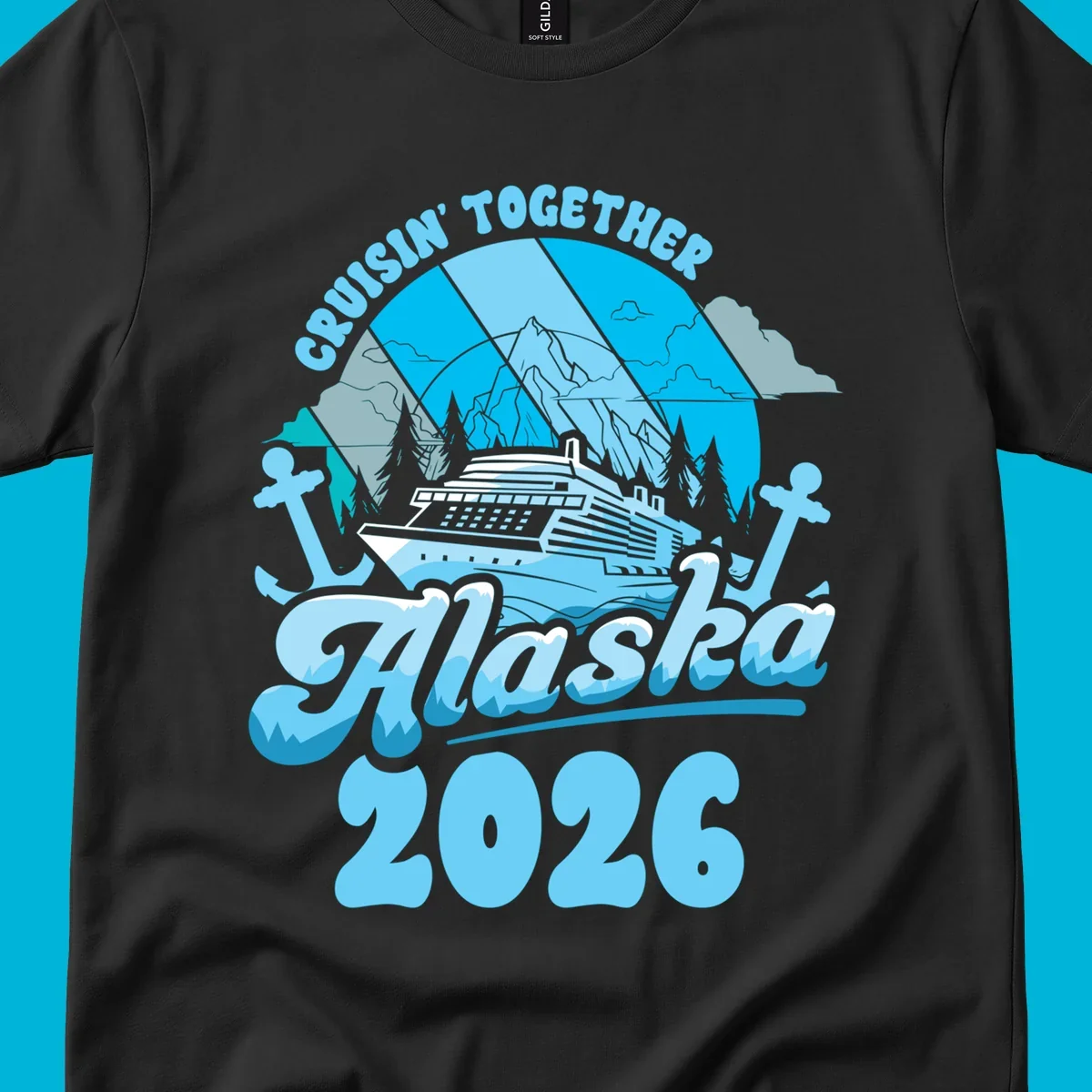 An illustrated design for an Alaska cruise in 2026, featuring a ship, mountains, trees, and anchors.