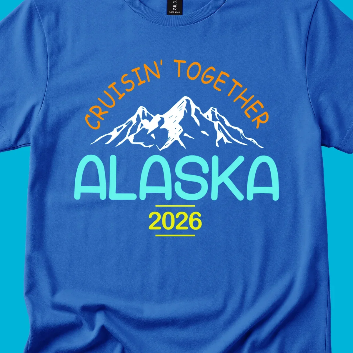 Cruisin' Together Alaska 2026 design featuring text and scenic mountains for a group cruise.