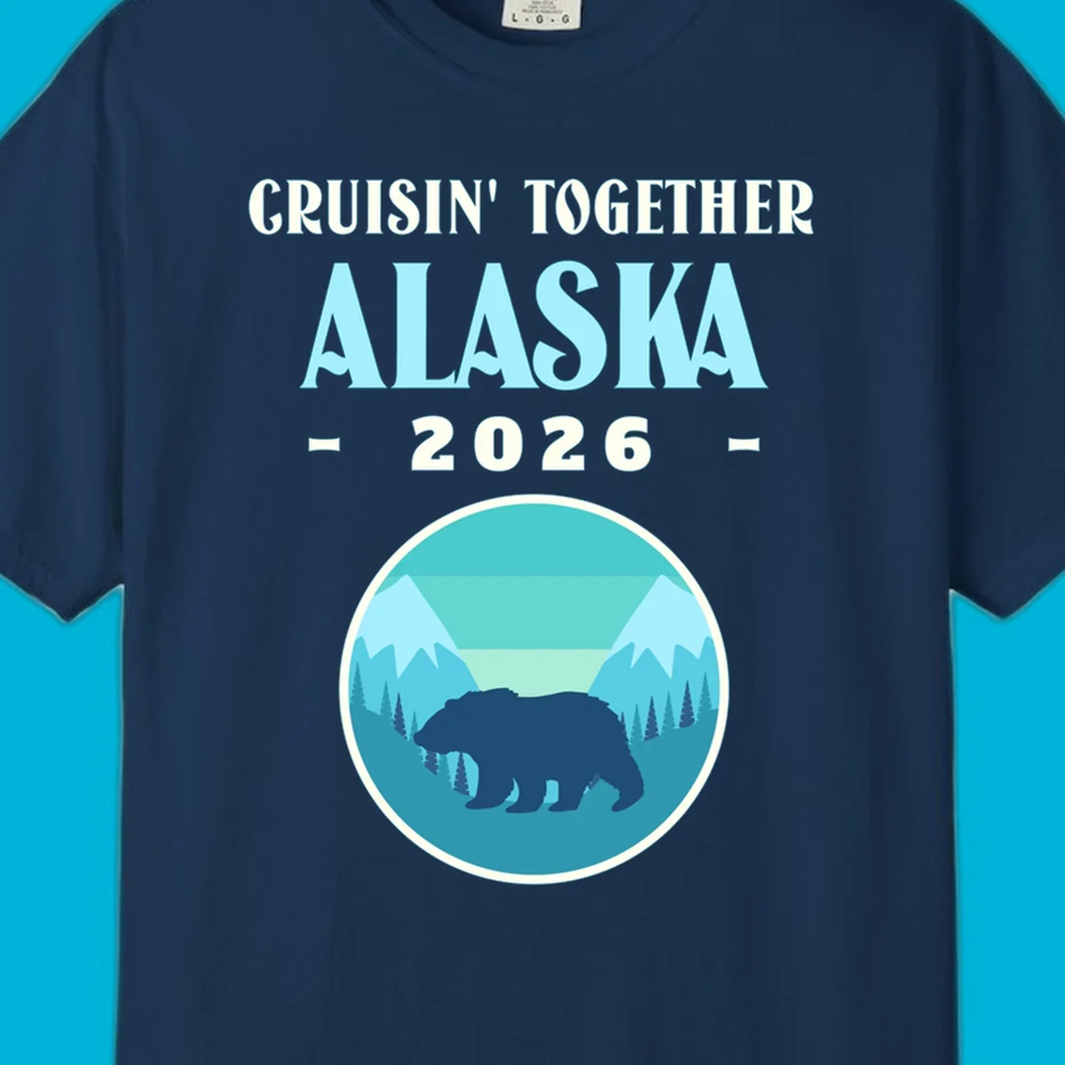 A scenic design for an Alaska 2026 cruise, featuring a dark blue bear silhouette against a light blue and teal mountain landscape.