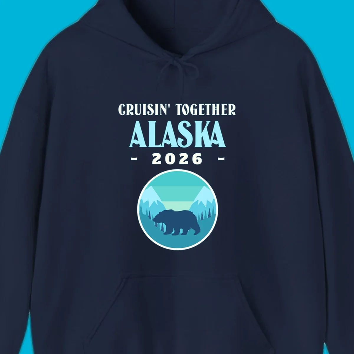 A scenic design for an Alaska 2026 cruise, featuring a dark blue bear silhouette against a light blue and teal mountain landscape.