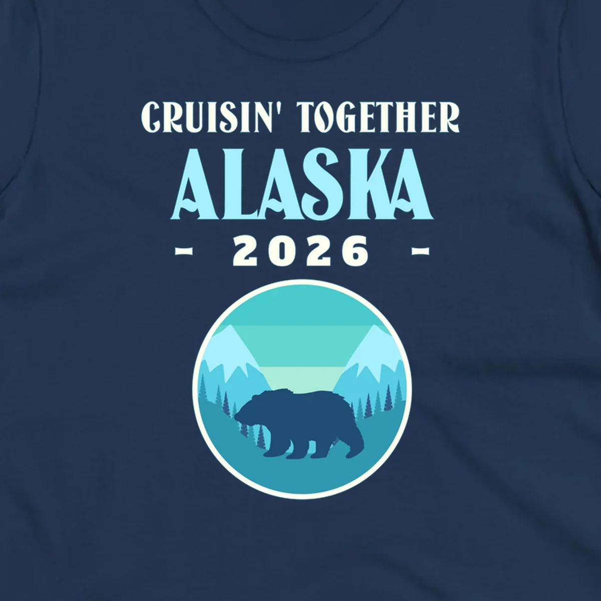 A scenic design for an Alaska 2026 cruise, featuring a dark blue bear silhouette against a light blue and teal mountain landscape.