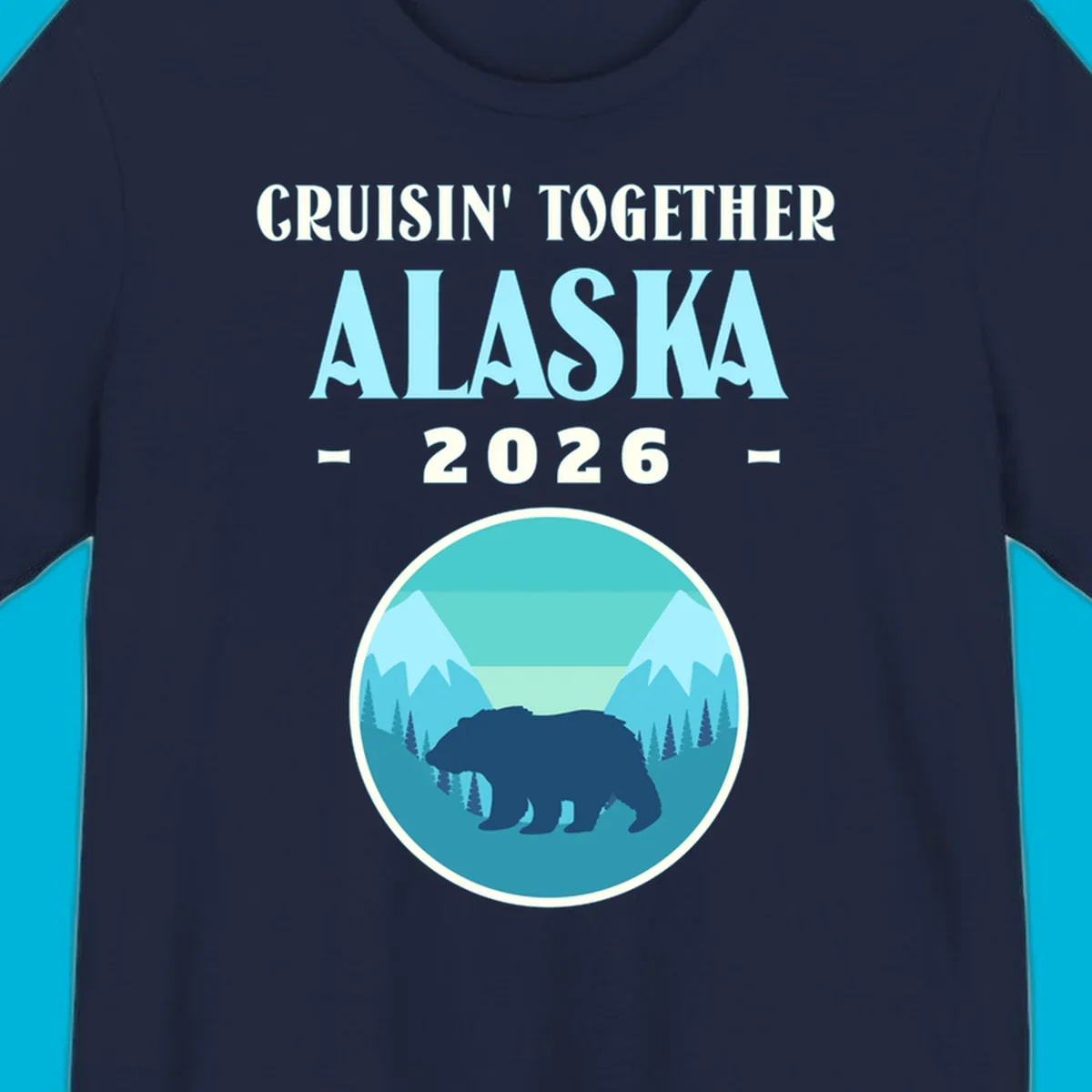 A scenic design for an Alaska 2026 cruise, featuring a dark blue bear silhouette against a light blue and teal mountain landscape.