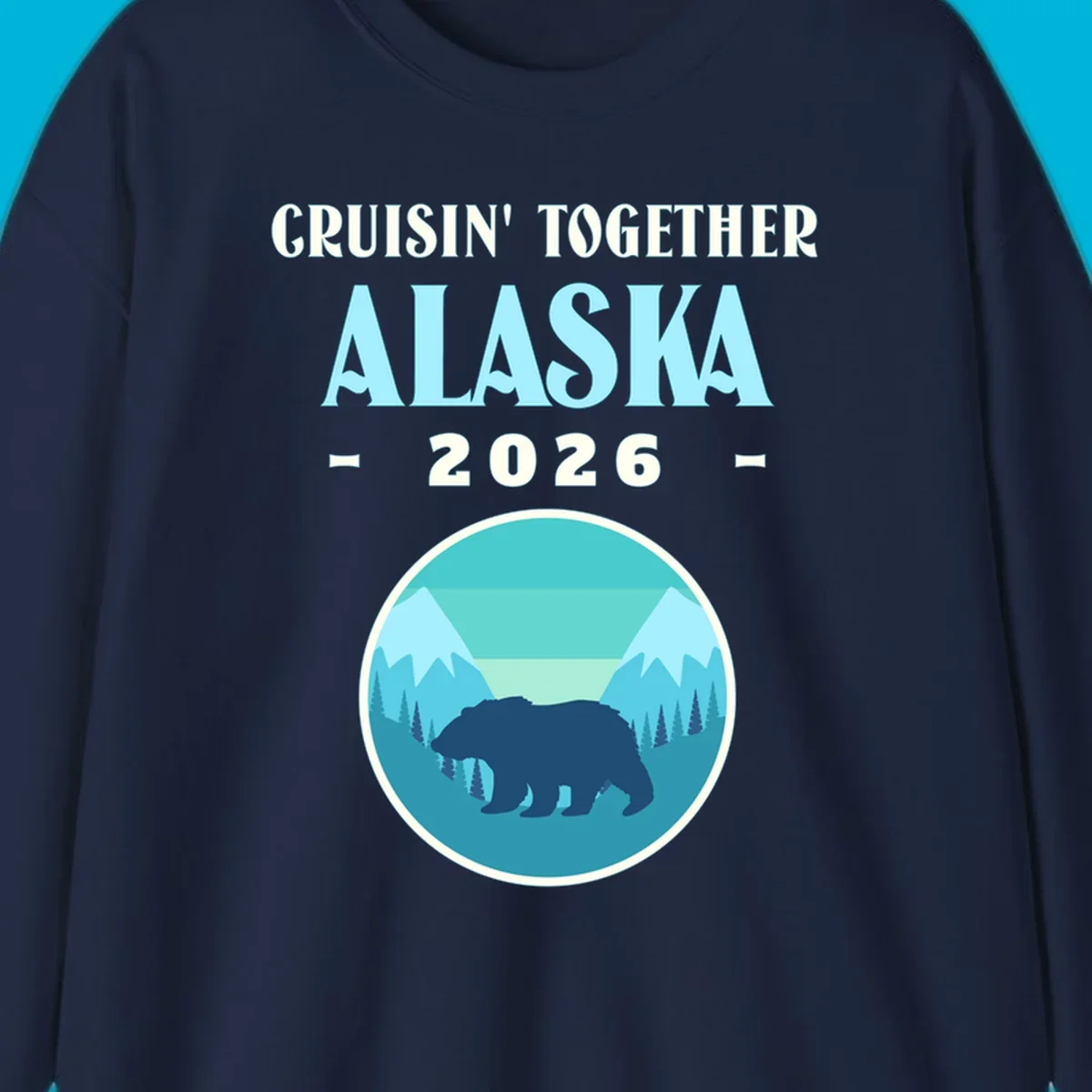 A scenic design for an Alaska 2026 cruise, featuring a dark blue bear silhouette against a light blue and teal mountain landscape.