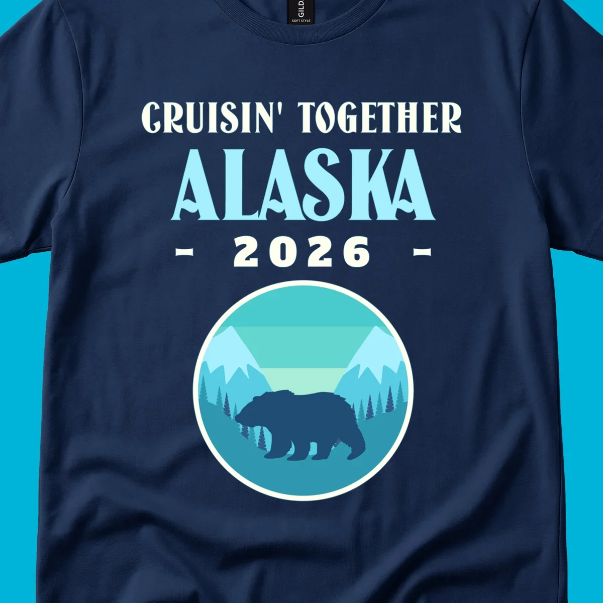 A scenic design for an Alaska 2026 cruise, featuring a dark blue bear silhouette against a light blue and teal mountain landscape.
