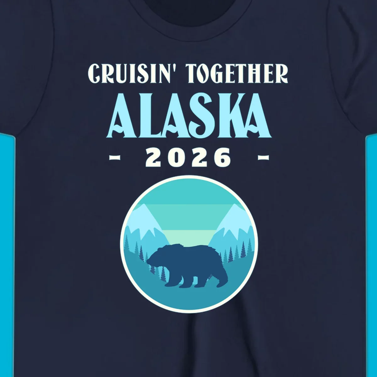 A scenic design for an Alaska 2026 cruise, featuring a dark blue bear silhouette against a light blue and teal mountain landscape.