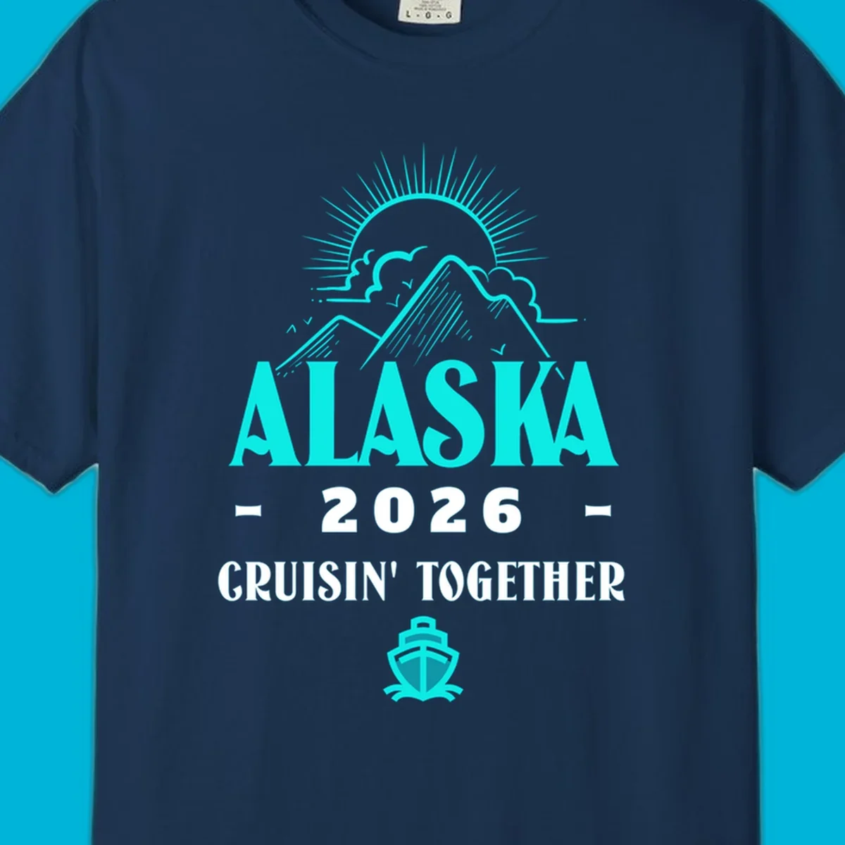 An illustrated design for an Alaska 2026 cruise together, featuring a sun, mountains, and a cruise ship.