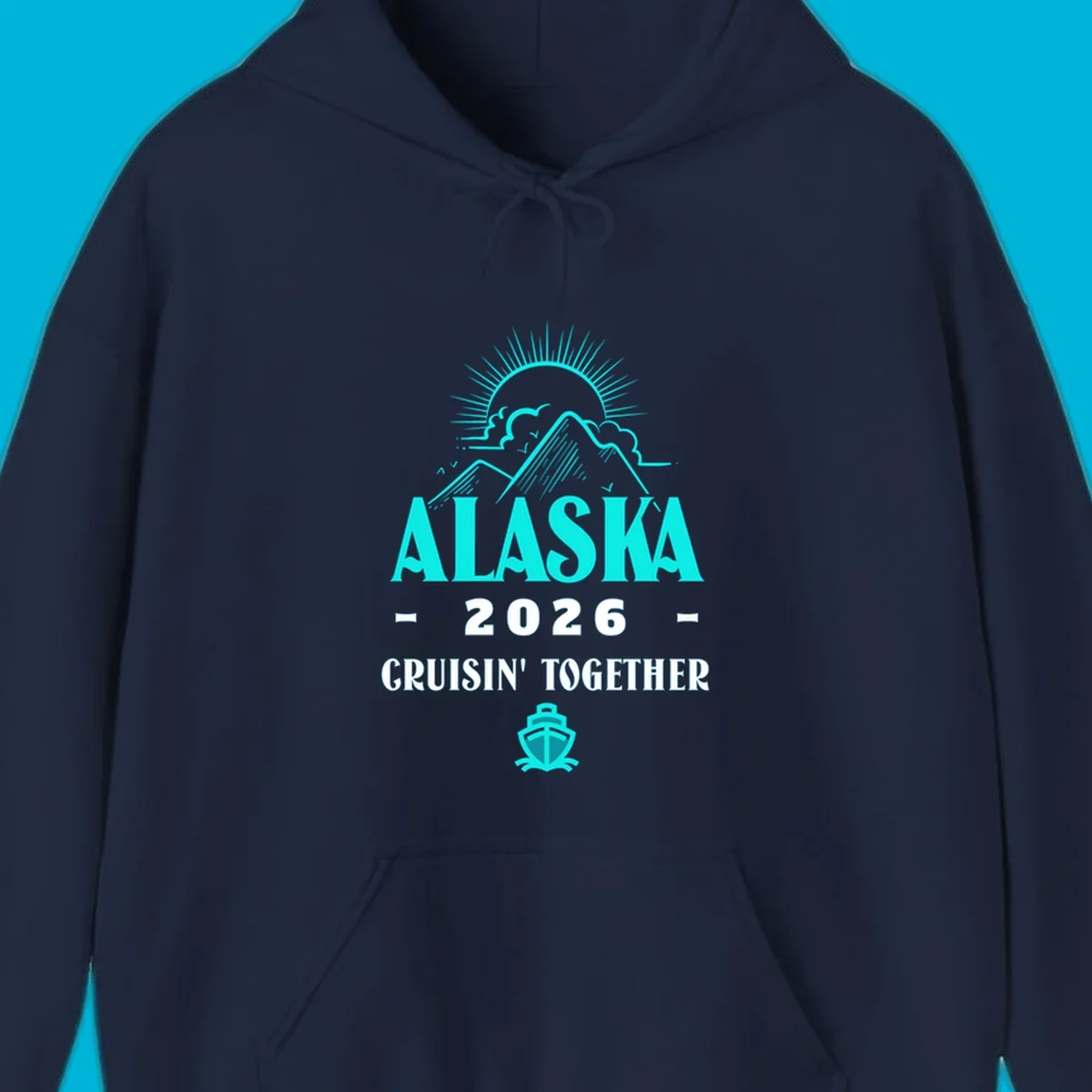 An illustrated design for an Alaska 2026 cruise together, featuring a sun, mountains, and a cruise ship.