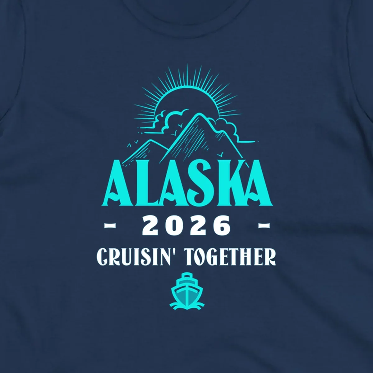 An illustrated design for an Alaska 2026 cruise together, featuring a sun, mountains, and a cruise ship.