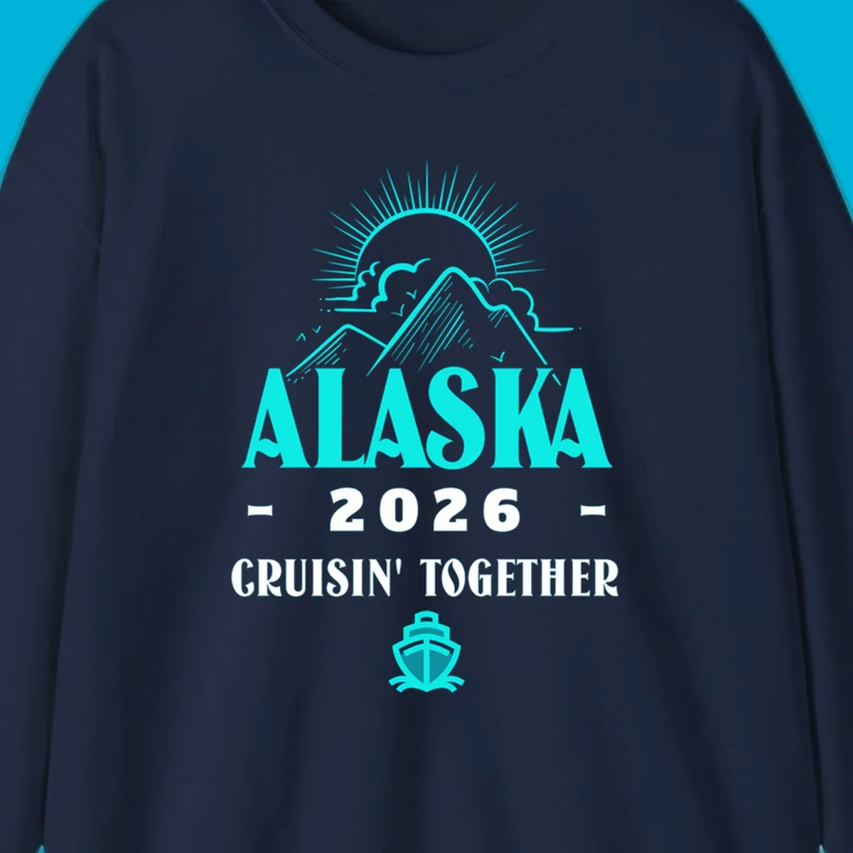 An illustrated design for an Alaska 2026 cruise together, featuring a sun, mountains, and a cruise ship.