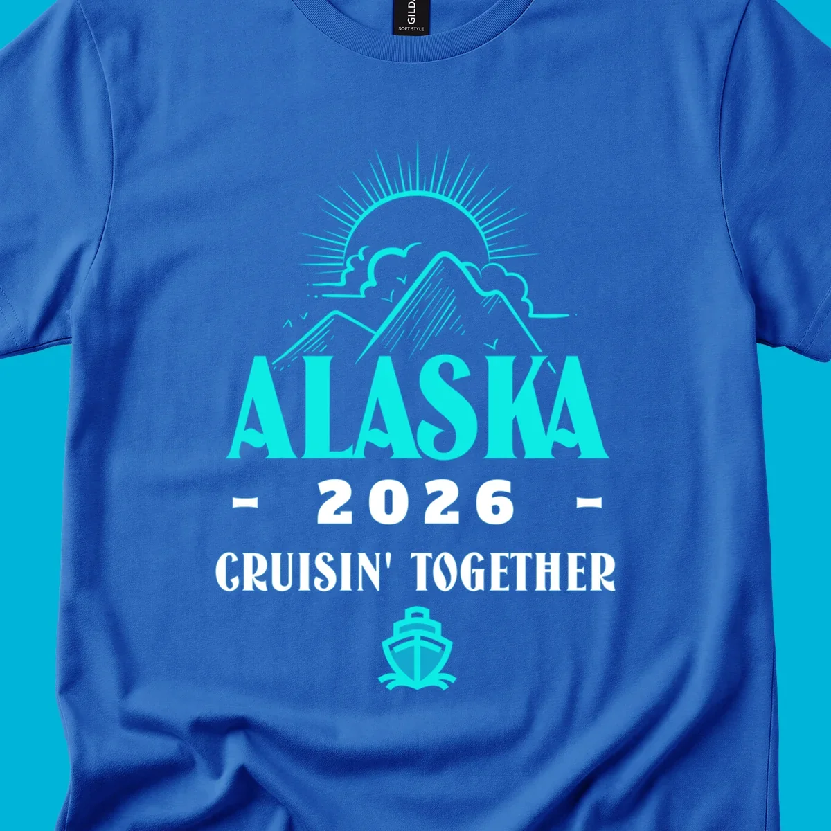 An illustrated design for an Alaska 2026 cruise together, featuring a sun, mountains, and a cruise ship.