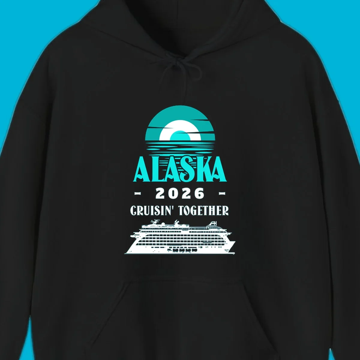 An Alaska cruise design with a sun graphic, "ALASKA 2026 CRUISIN' TOGETHER" text, and a cruise ship. Features the alaska-2026-cruisin-together concept.