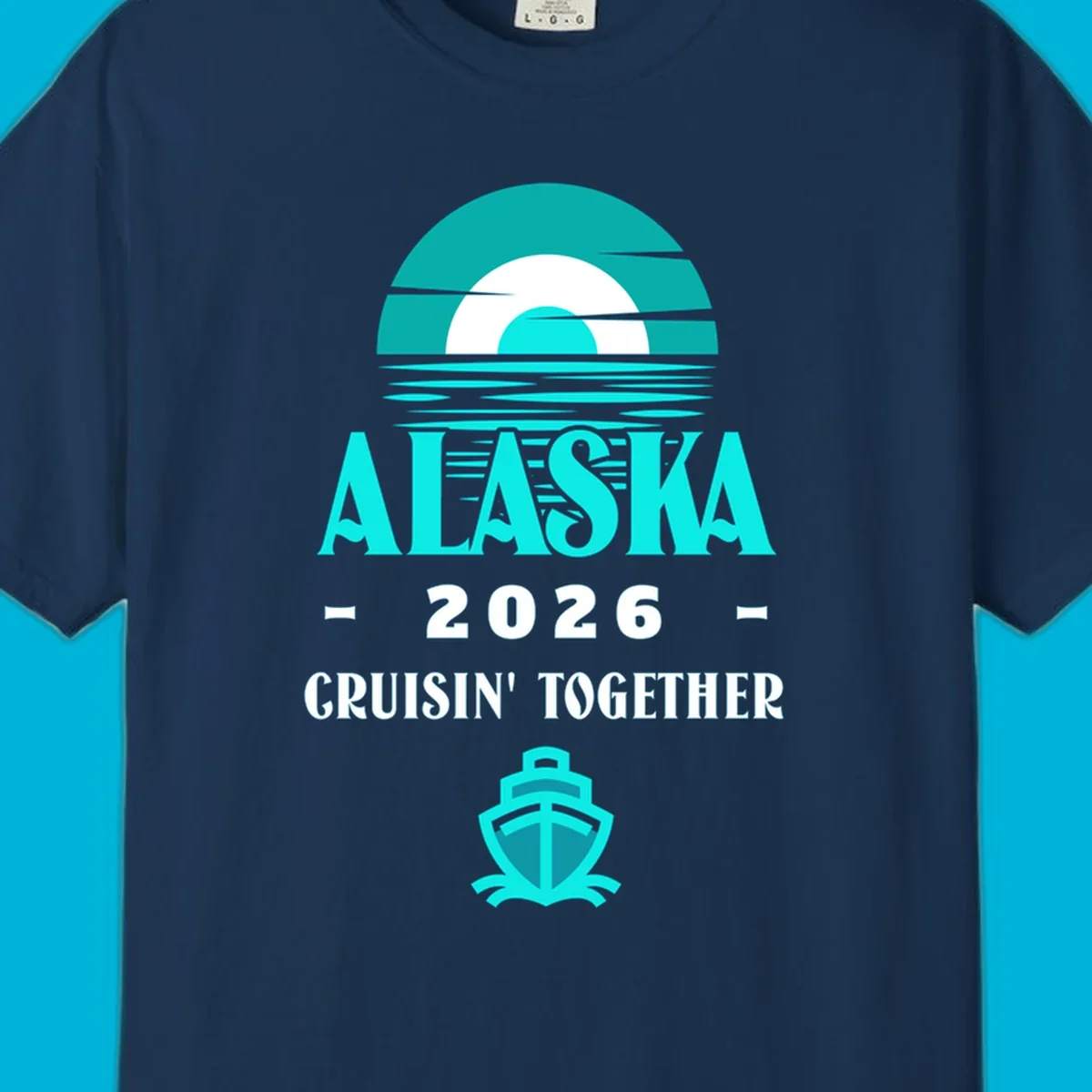 A scenic graphic for an Alaska cruise in 2026, featuring a stylized sun over ocean waves, the text 'ALASKA 2026 CRUISIN' TOGETHER', and a cruise ship icon.