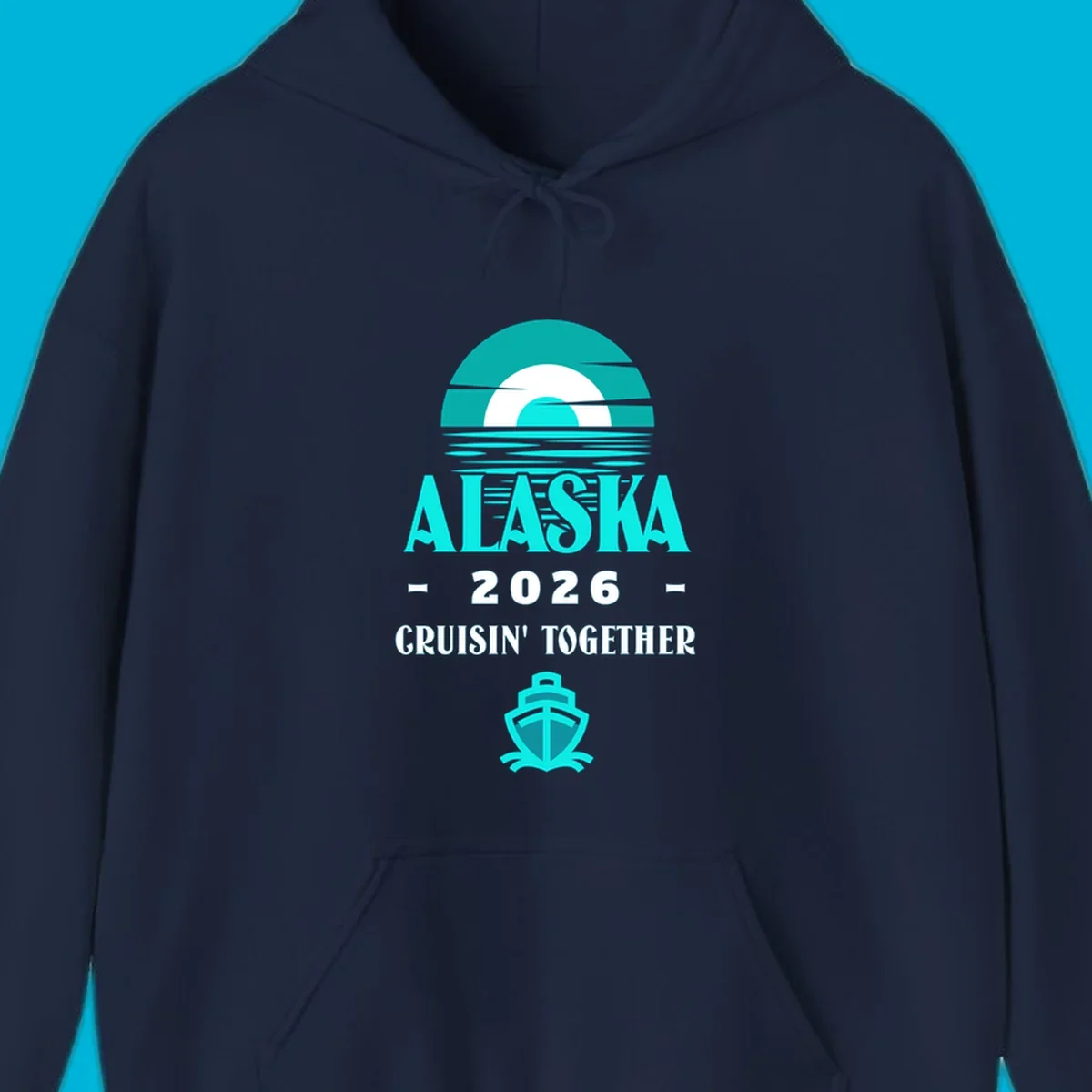 A scenic graphic for an Alaska cruise in 2026, featuring a stylized sun over ocean waves, the text 'ALASKA 2026 CRUISIN' TOGETHER', and a cruise ship icon.
