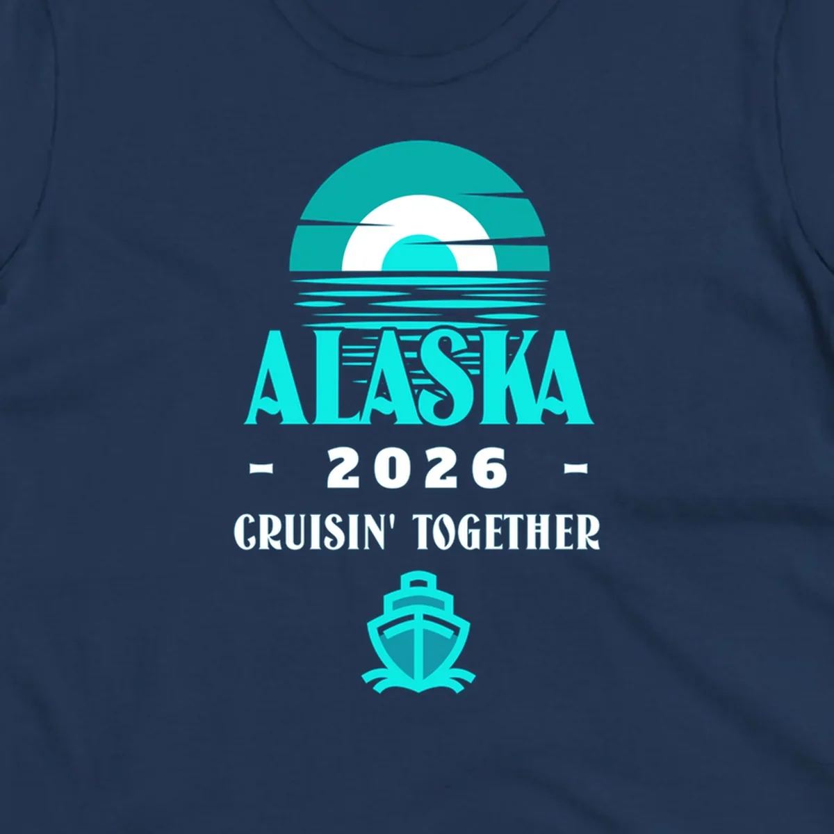 A scenic graphic for an Alaska cruise in 2026, featuring a stylized sun over ocean waves, the text 'ALASKA 2026 CRUISIN' TOGETHER', and a cruise ship icon.