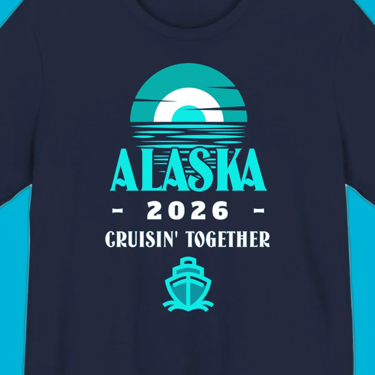 A scenic graphic for an Alaska cruise in 2026, featuring a stylized sun over ocean waves, the text 'ALASKA 2026 CRUISIN' TOGETHER', and a cruise ship icon.