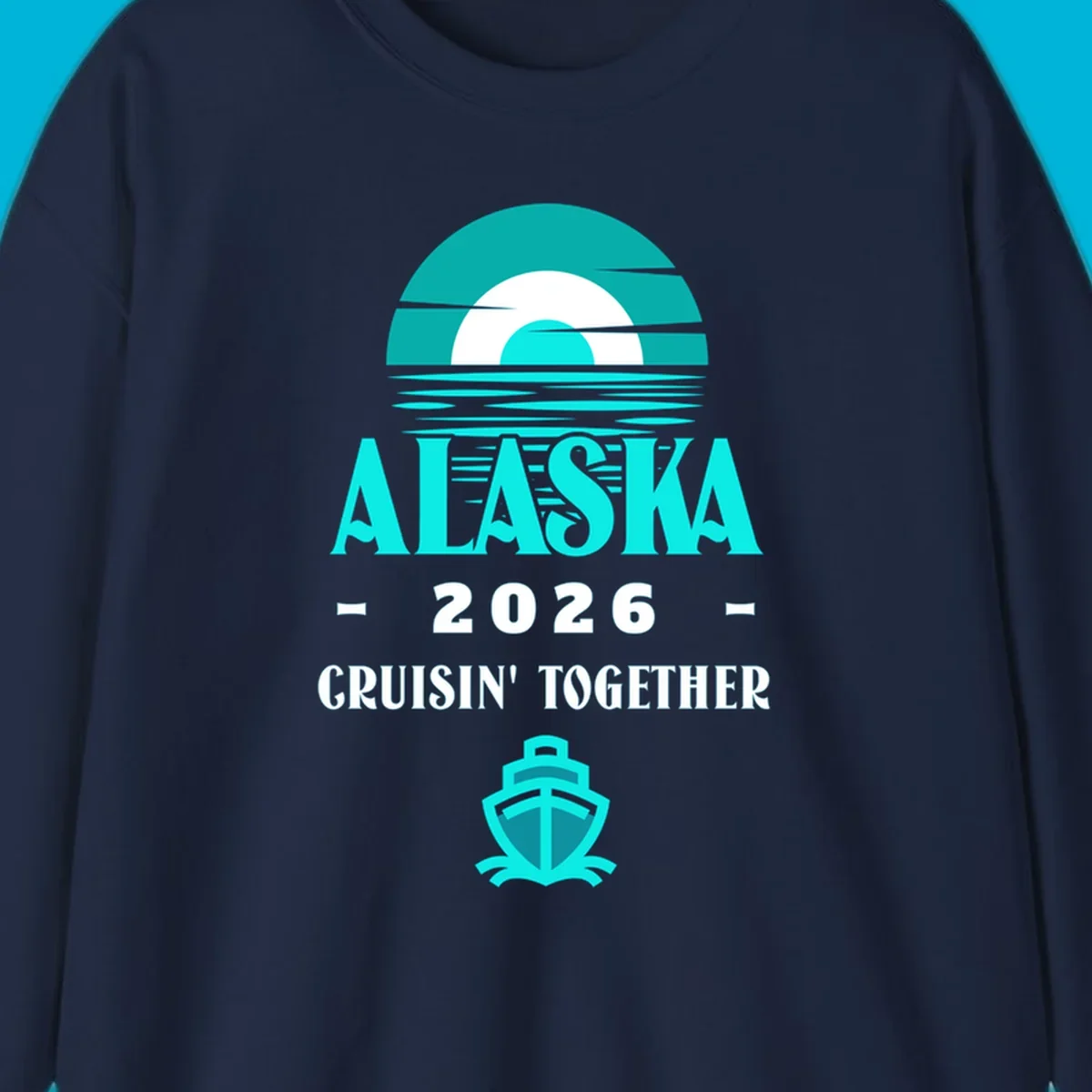 A scenic graphic for an Alaska cruise in 2026, featuring a stylized sun over ocean waves, the text 'ALASKA 2026 CRUISIN' TOGETHER', and a cruise ship icon.