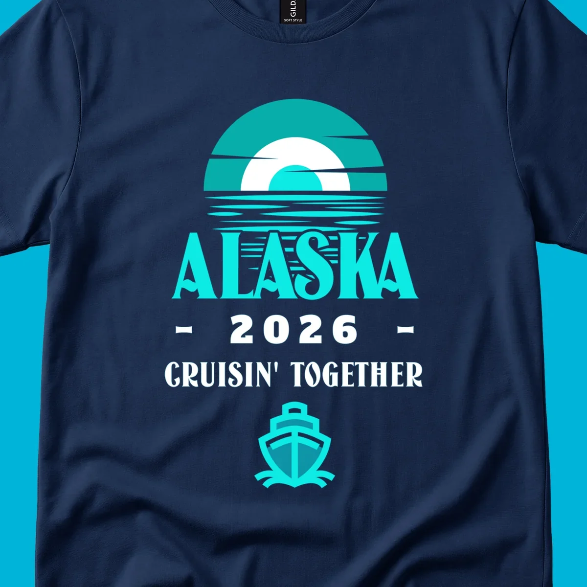 A scenic graphic for an Alaska cruise in 2026, featuring a stylized sun over ocean waves, the text 'ALASKA 2026 CRUISIN' TOGETHER', and a cruise ship icon.