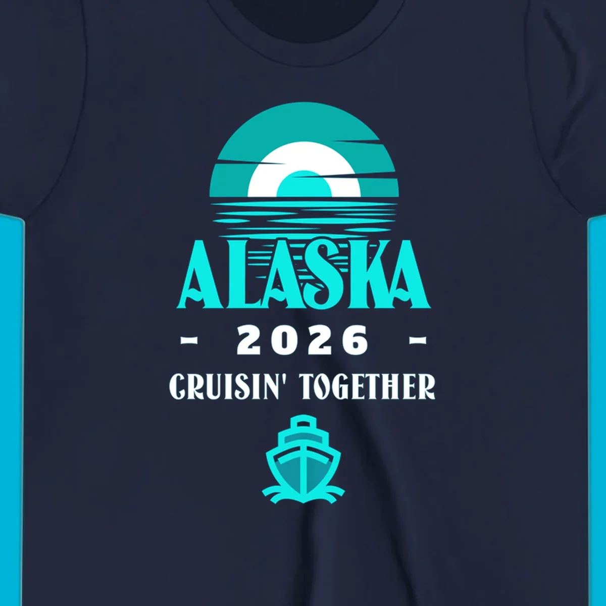 A scenic graphic for an Alaska cruise in 2026, featuring a stylized sun over ocean waves, the text 'ALASKA 2026 CRUISIN' TOGETHER', and a cruise ship icon.