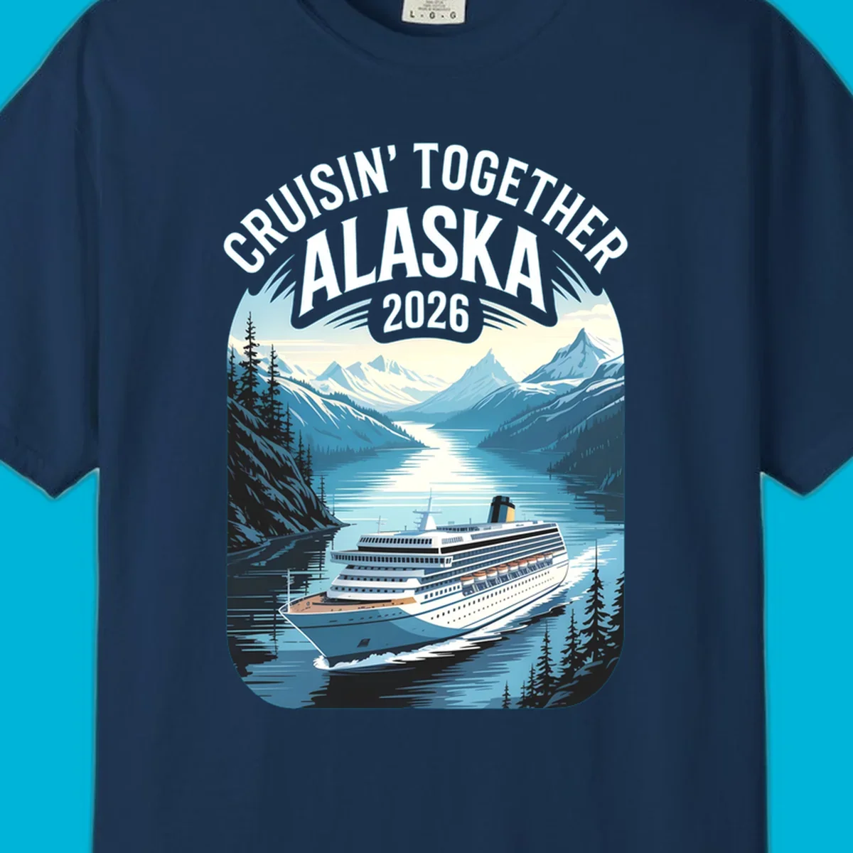 An illustrated cruise ship sails through an Alaskan fjord with mountains and trees, featuring "CRUISIN' TOGETHER ALASKA 2026".