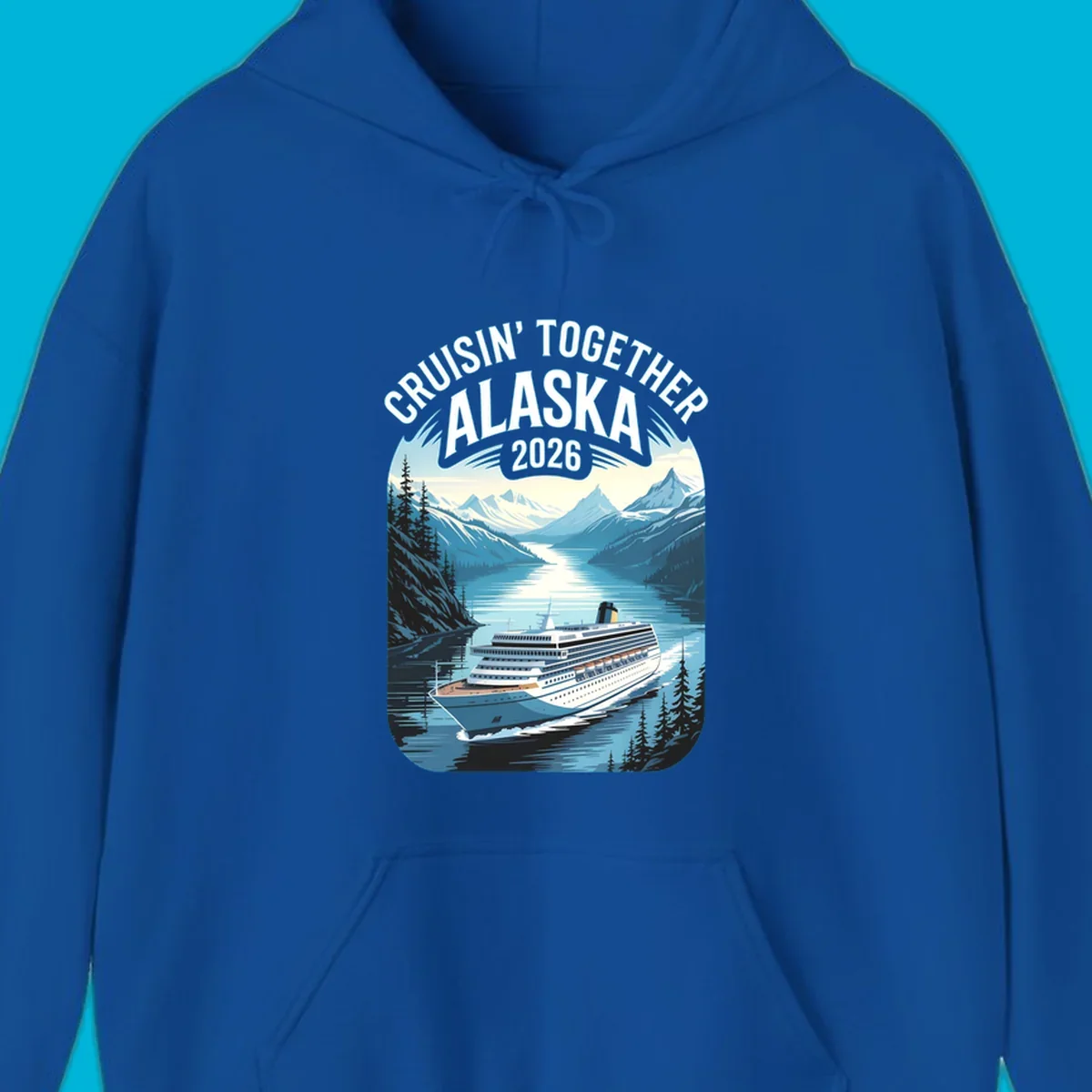 An illustrated cruise ship sails through an Alaskan fjord with mountains and trees, featuring "CRUISIN' TOGETHER ALASKA 2026".