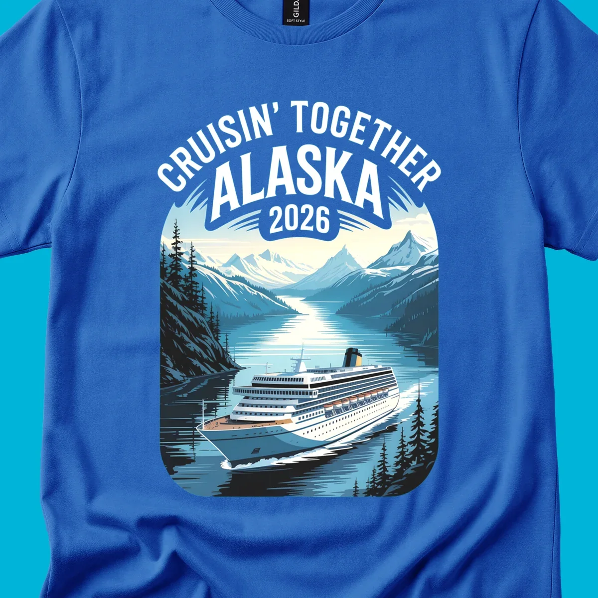 An illustrated cruise ship sails through an Alaskan fjord with mountains and trees, featuring "CRUISIN' TOGETHER ALASKA 2026".