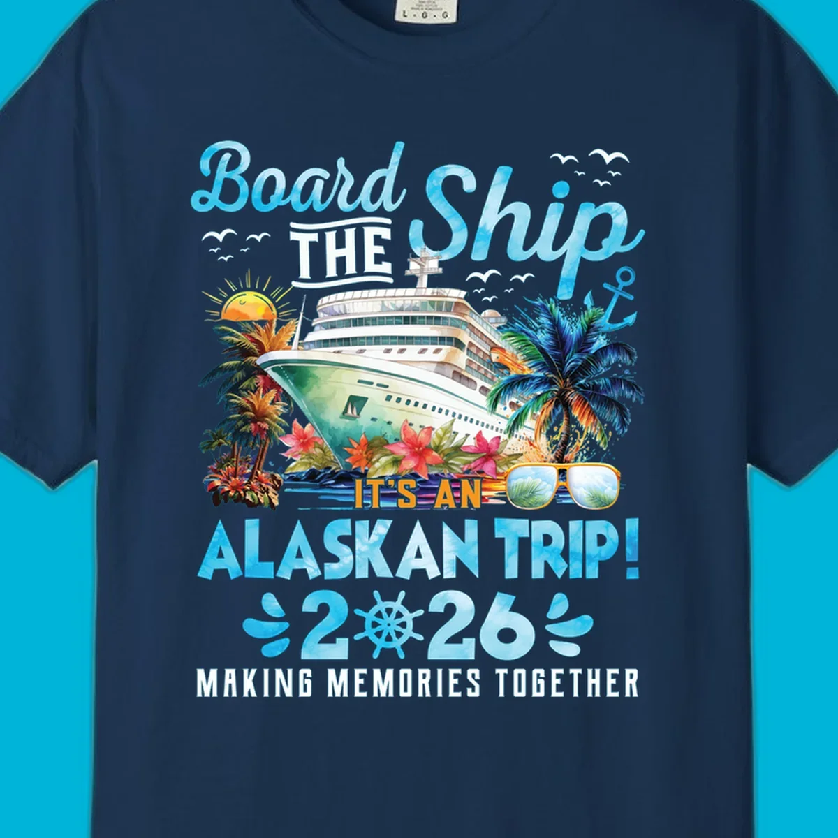 A cruise ship sails past tropical islands with palm trees and flowers, announcing an Alaskan trip in 2026. This alaskan-trip-2026-cruise design includes text and a ship's wheel.