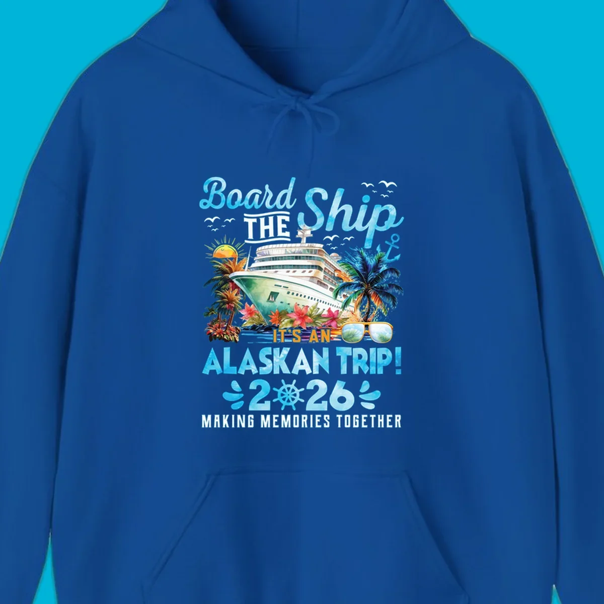 A cruise ship sails past tropical islands with palm trees and flowers, announcing an Alaskan trip in 2026. This alaskan-trip-2026-cruise design includes text and a ship's wheel.
