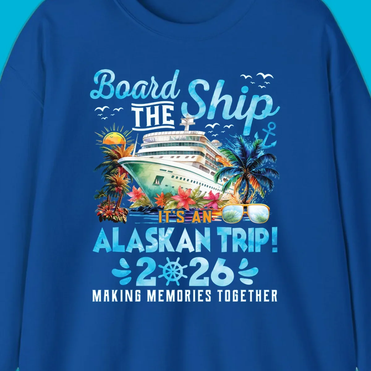 A cruise ship sails past tropical islands with palm trees and flowers, announcing an Alaskan trip in 2026. This alaskan-trip-2026-cruise design includes text and a ship's wheel.