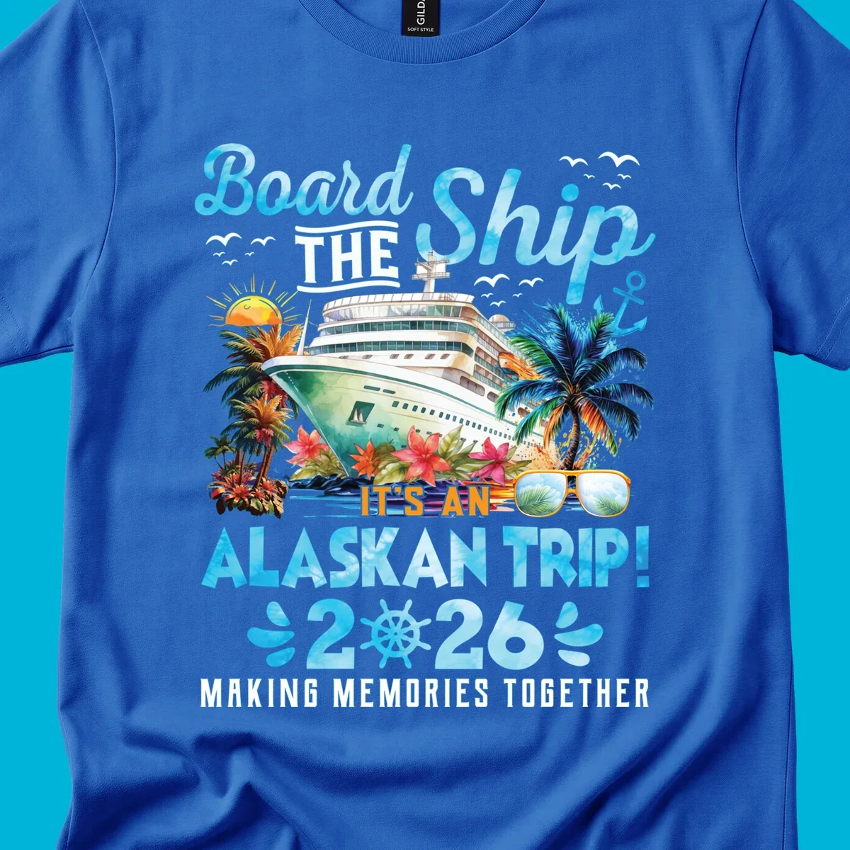 A cruise ship sails past tropical islands with palm trees and flowers, announcing an Alaskan trip in 2026. This alaskan-trip-2026-cruise design includes text and a ship's wheel.
