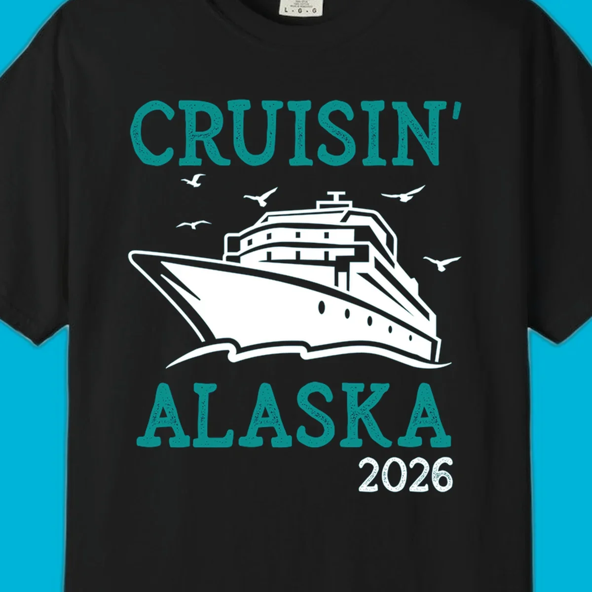 An illustrated cruise ship on ocean waves with seagulls and 'Cruisin' Alaska 2026' text, for a cruisin-alaska-2026-ship souvenir.