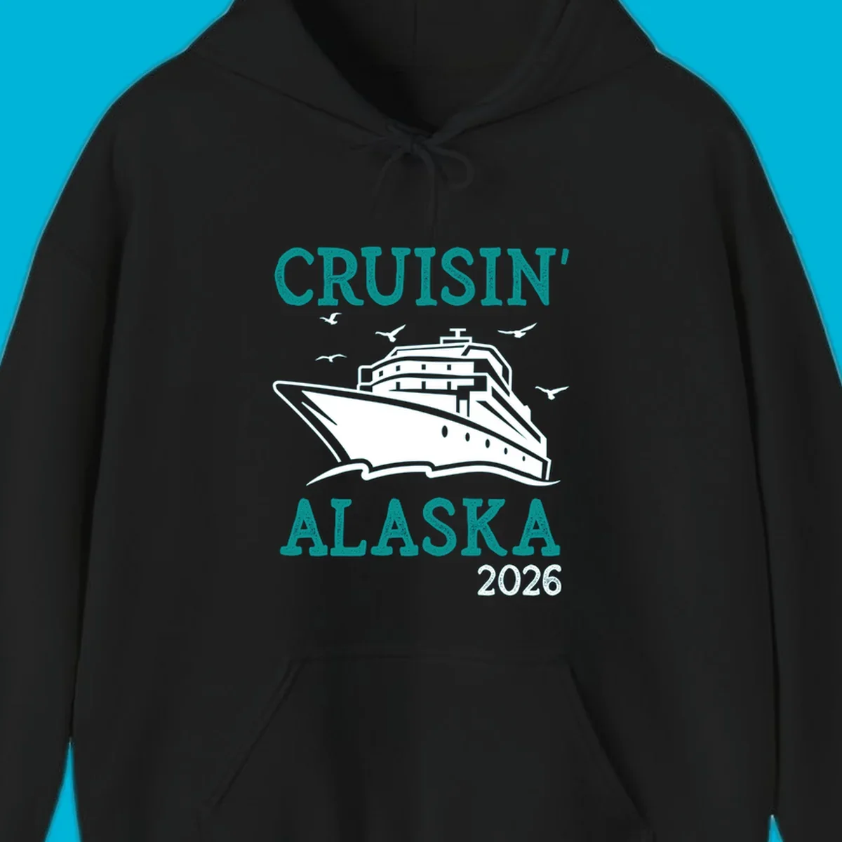 An illustrated cruise ship on ocean waves with seagulls and 'Cruisin' Alaska 2026' text, for a cruisin-alaska-2026-ship souvenir.