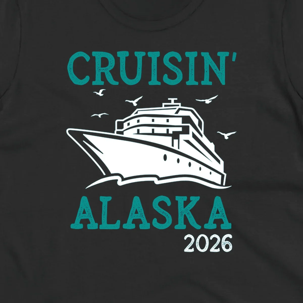 An illustrated cruise ship on ocean waves with seagulls and 'Cruisin' Alaska 2026' text, for a cruisin-alaska-2026-ship souvenir.