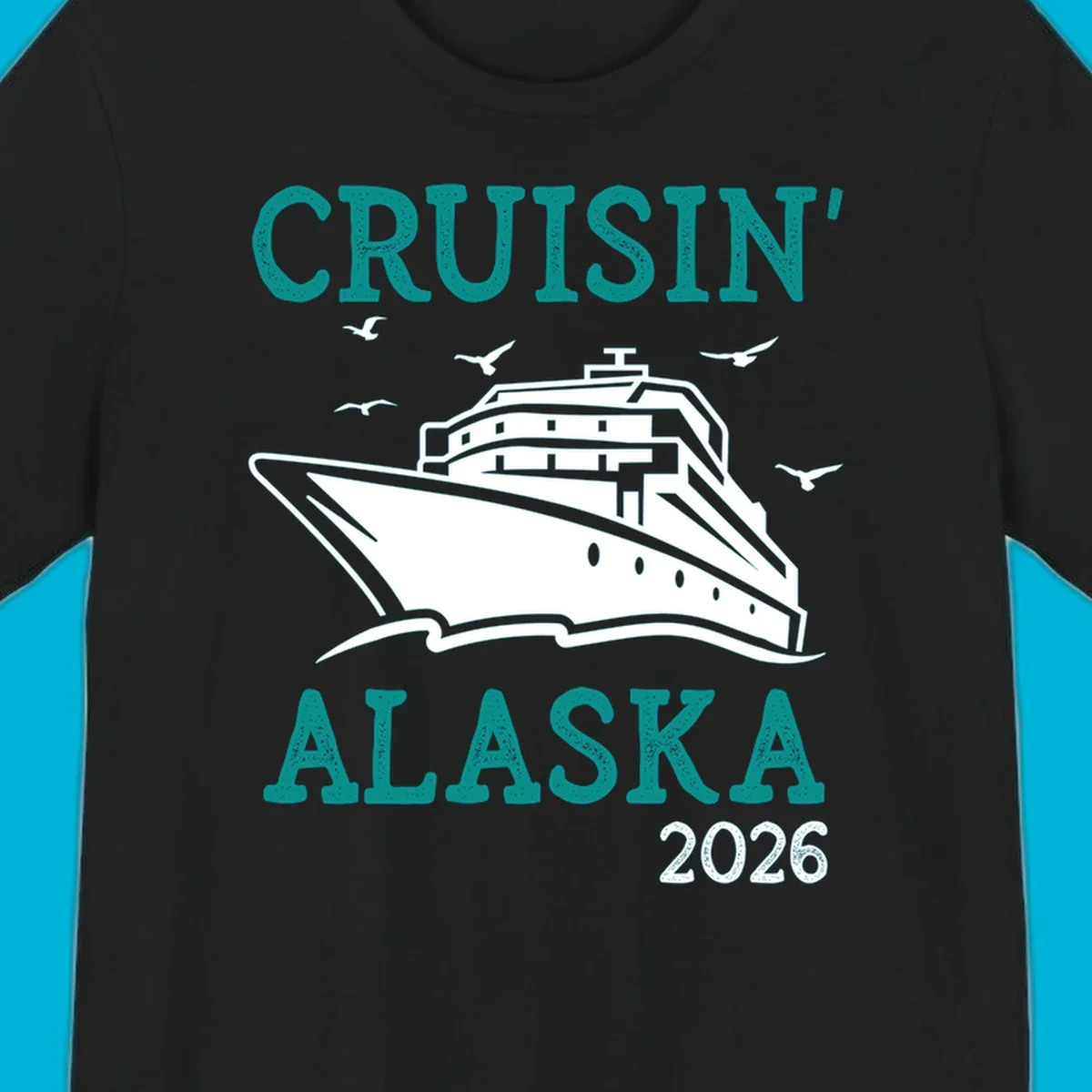 An illustrated cruise ship on ocean waves with seagulls and 'Cruisin' Alaska 2026' text, for a cruisin-alaska-2026-ship souvenir.