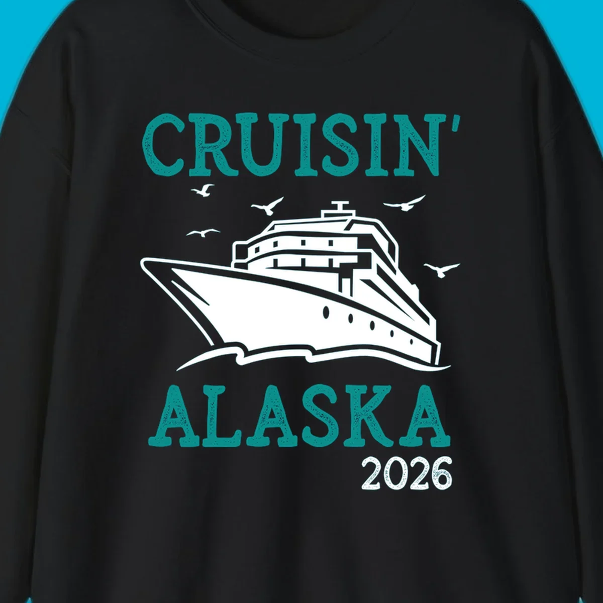 An illustrated cruise ship on ocean waves with seagulls and 'Cruisin' Alaska 2026' text, for a cruisin-alaska-2026-ship souvenir.