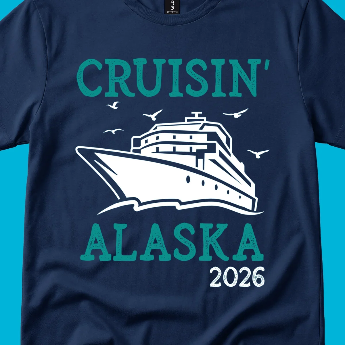 An illustrated cruise ship on ocean waves with seagulls and 'Cruisin' Alaska 2026' text, for a cruisin-alaska-2026-ship souvenir.