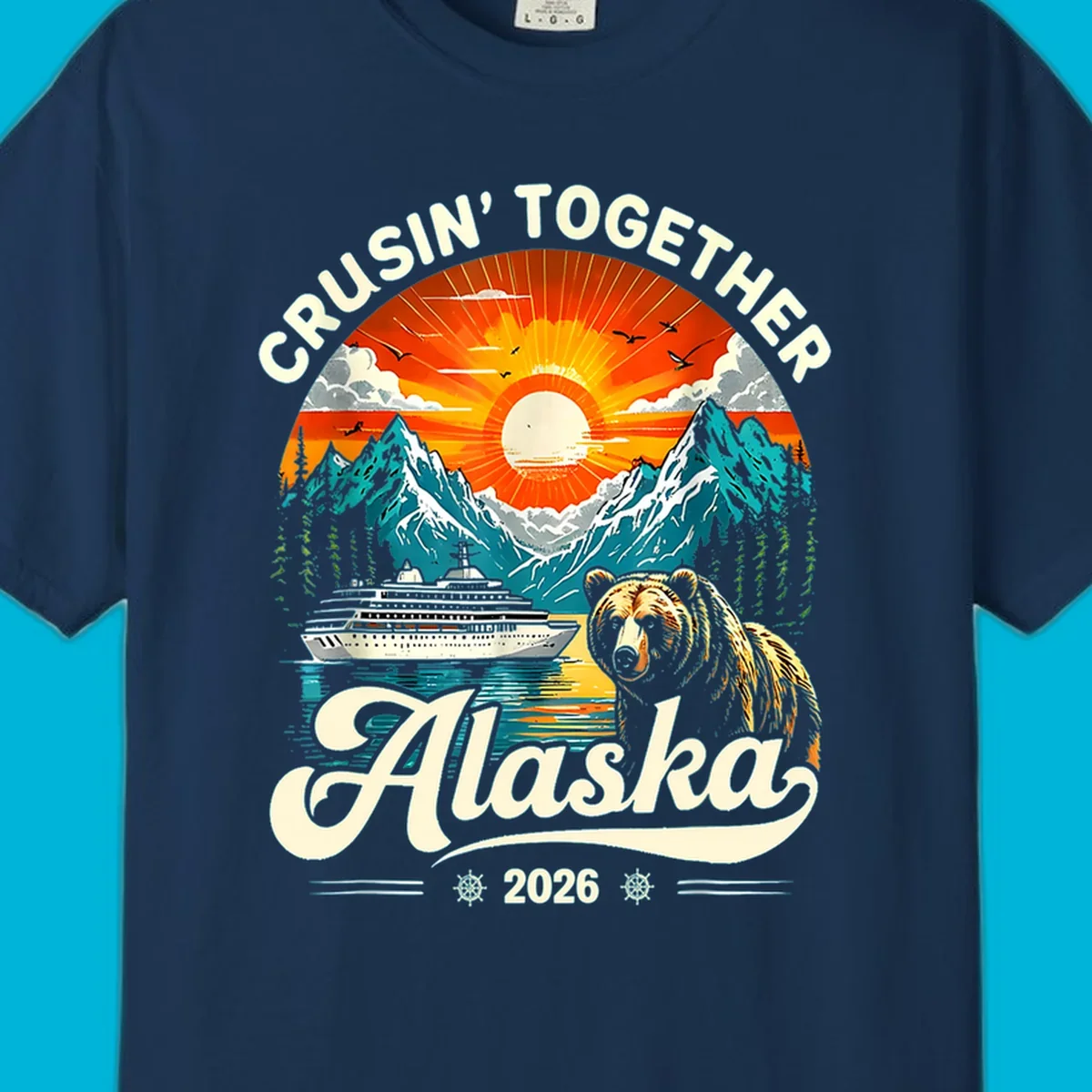 A vintage-style illustration of an Alaska cruise bear ship design with mountains, a cruise ship, a bear, and text.