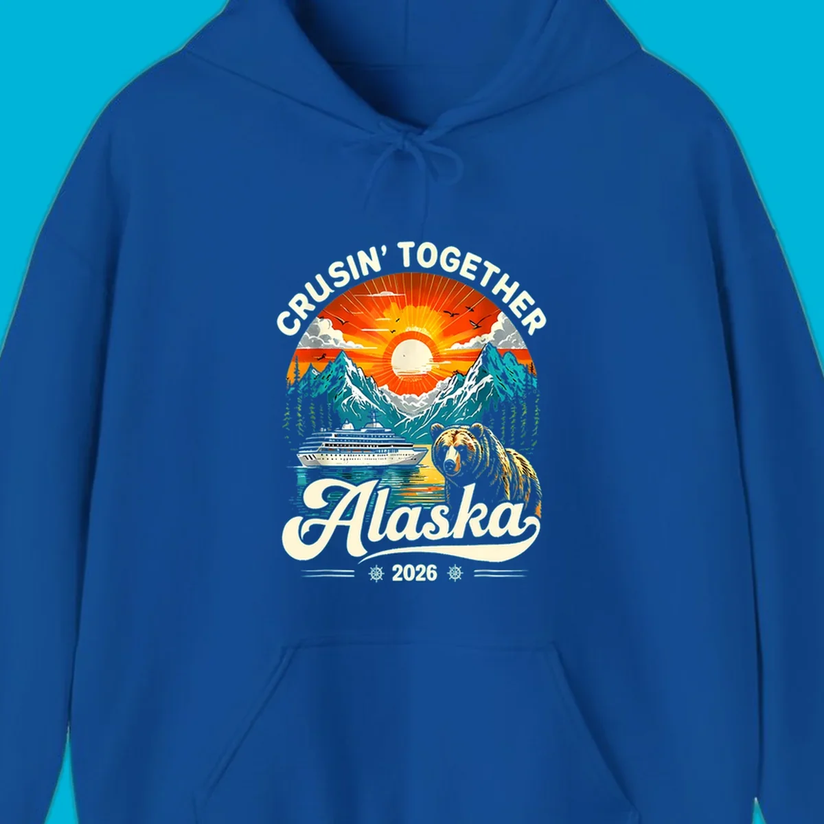 A vintage-style illustration of an Alaska cruise bear ship design with mountains, a cruise ship, a bear, and text.