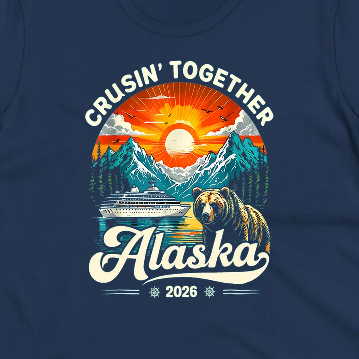 A vintage-style illustration of an Alaska cruise bear ship design with mountains, a cruise ship, a bear, and text.
