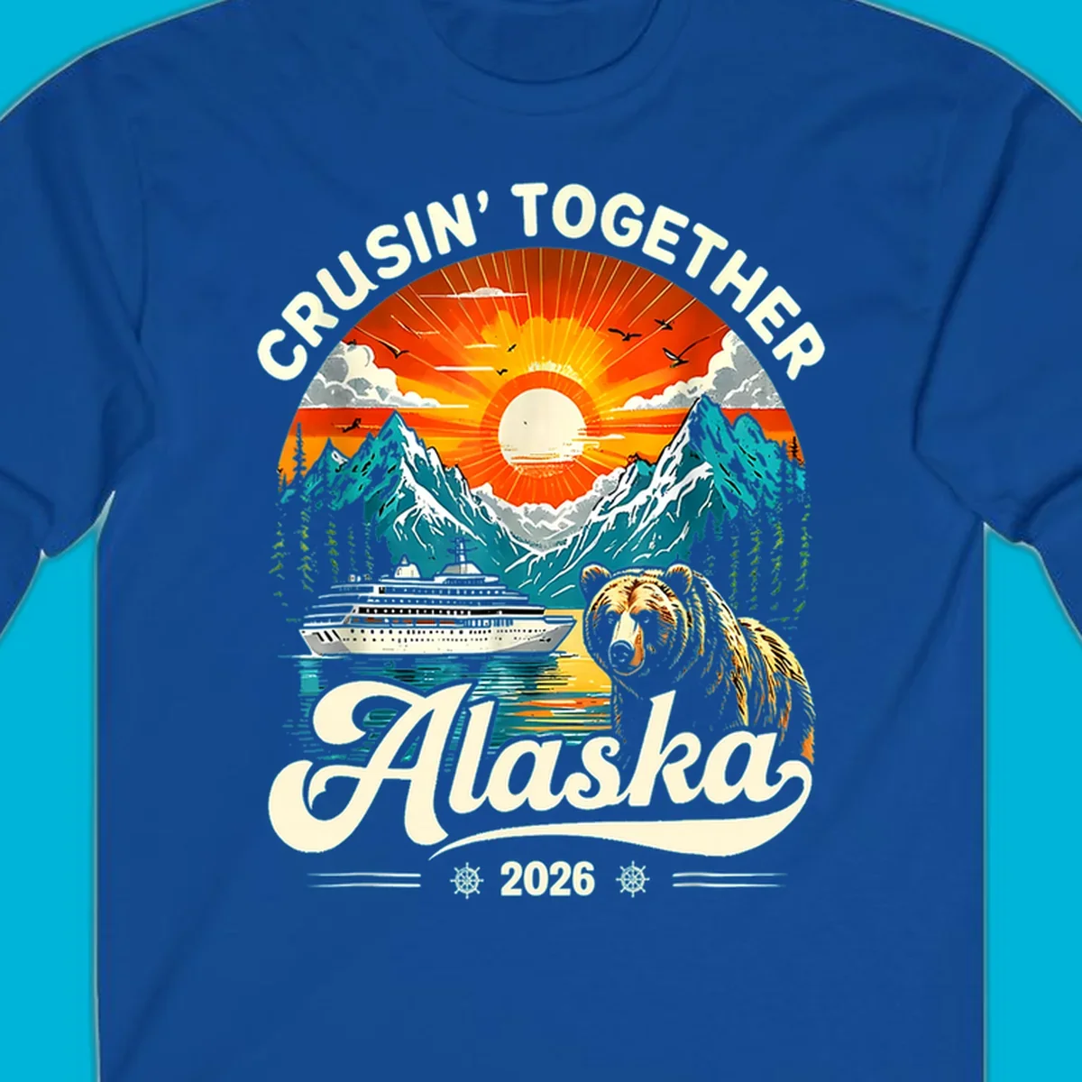 A vintage-style illustration of an Alaska cruise bear ship design with mountains, a cruise ship, a bear, and text.