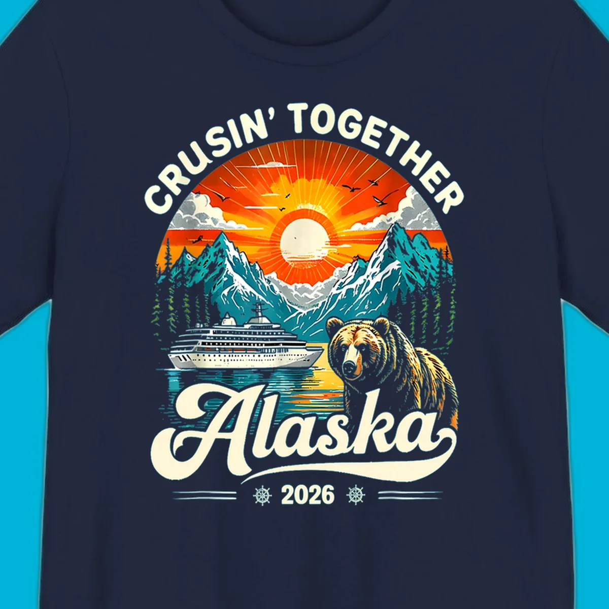 A vintage-style illustration of an Alaska cruise bear ship design with mountains, a cruise ship, a bear, and text.