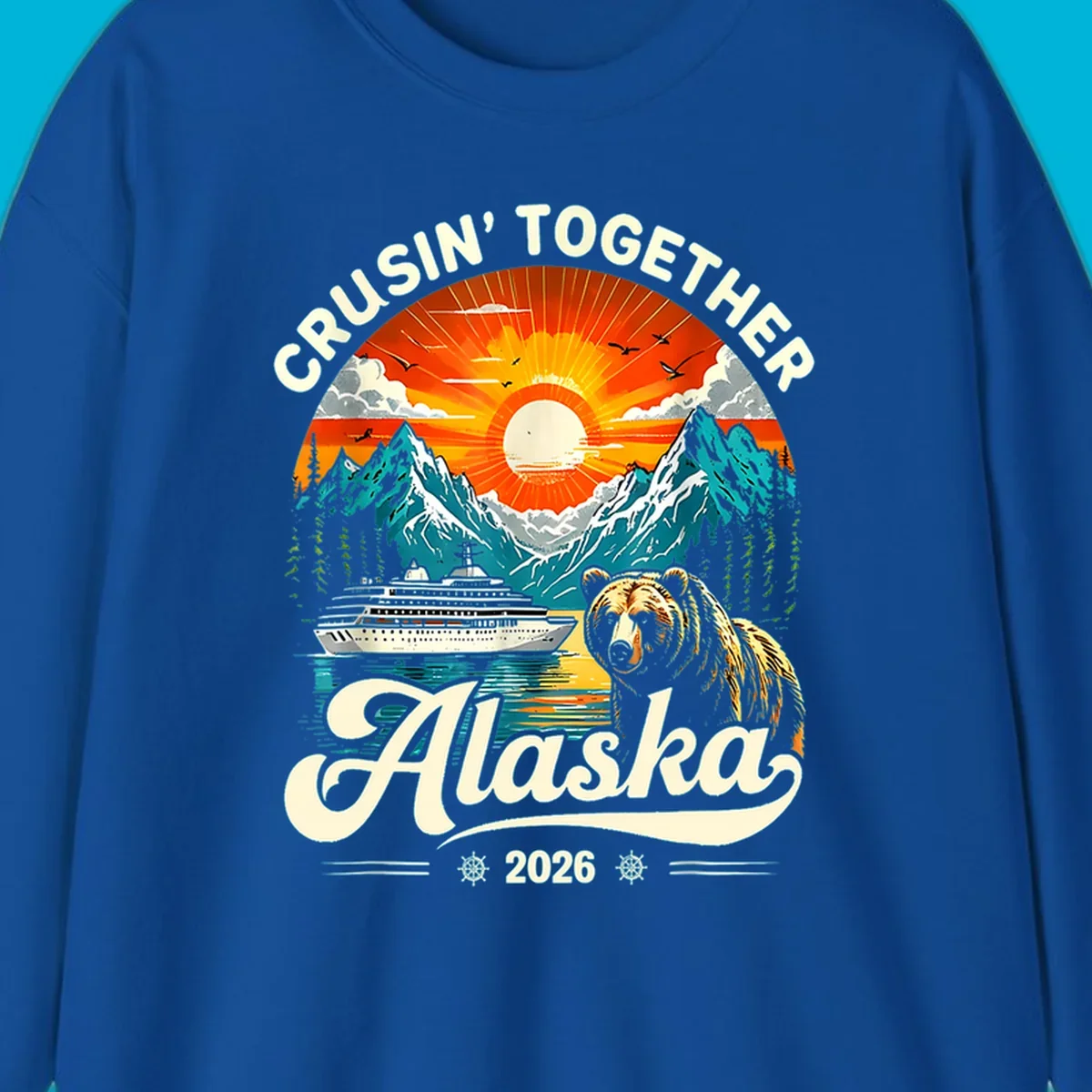 A vintage-style illustration of an Alaska cruise bear ship design with mountains, a cruise ship, a bear, and text.
