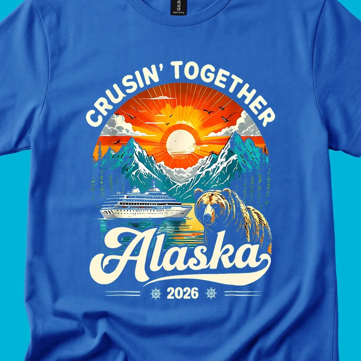 A vintage-style illustration of an Alaska cruise bear ship design with mountains, a cruise ship, a bear, and text.